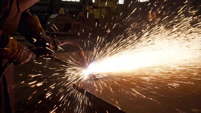 Welder cutting metal with torch, sparks flying in industrial workshop setting