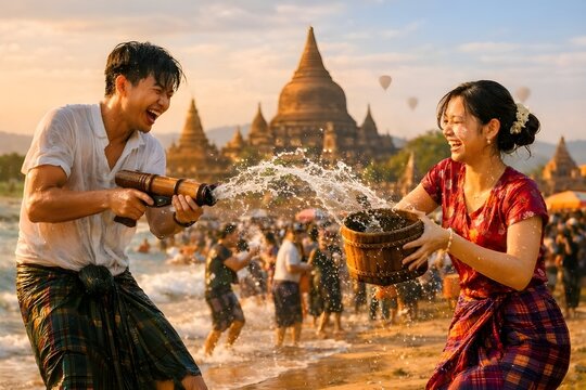 Young Burmese couple in a playful water fight during Thingyan Water Festival in Bagan, Myanmar at sunset with hot air balloons.