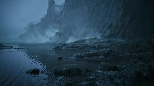 calm reflective shoreline at twilight, film scout captures clearing mist and gentle ripples over pebble flats, soft blue tones and tranquil coastal panorama,