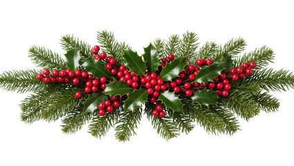 Beautiful festive holiday garland featuring vibrant red holly berries and fresh green pine branches © Miguel
