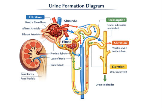 Urine Formation Process Diagram in Human Kidney Nephron
