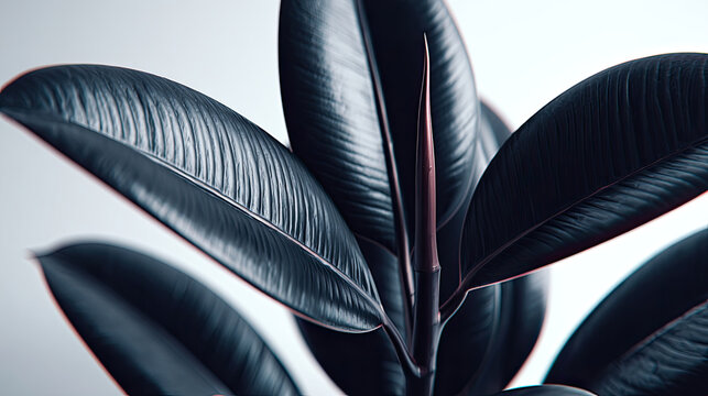 Dramatic CloseUp of a Dark Rubber Plant with Glossy Leaves.
