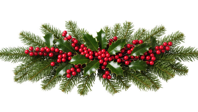 Beautiful festive holiday garland featuring vibrant red holly berries and fresh green pine branches
