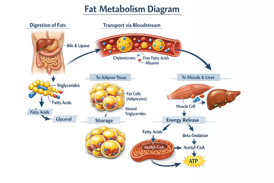 Fat Metabolism Pathway Diagram Showing Energy Production and Storage