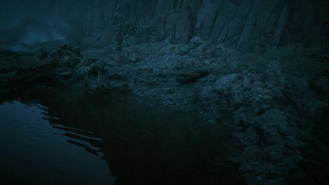 dark tidal pool with reflections, still water mirroring jagged cliff face, faint ripple patterns, deep blue tones and algae textures, quiet scientific
