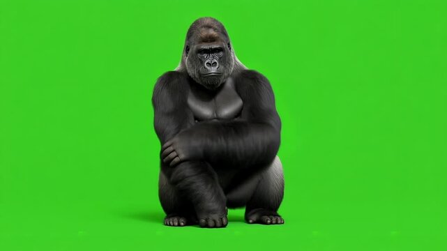 Majestic silverback gorilla sits confidently on a vibrant green background.