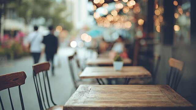 Empty wooden tables and chairs in an outdoor cafe terrace, blurred urban street background with warm bokeh lighting at dusk.