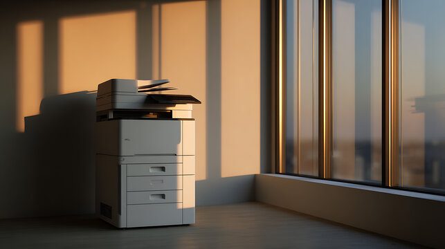 Office copier bathed in warm golden hour light through a large window, casting long shadow patterns on the wall in an empty modern room