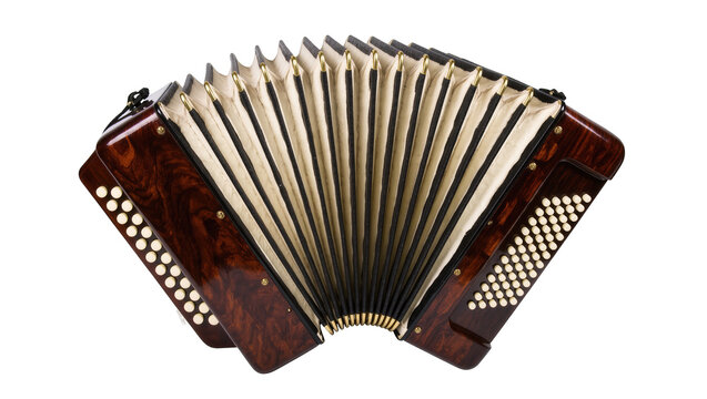 Elegant vintage button accordion musical instrument with shiny brown casing and fanned bellows