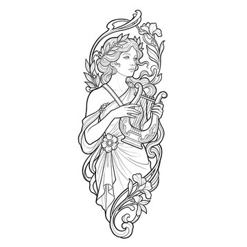 Classical muse woman with lyre and floral ornament line art isolated on white