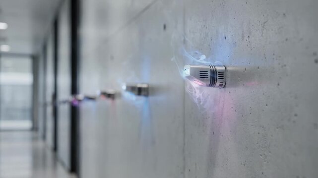 Medium shot focused on fixed sensor probes embedded in building walls detecting pressure changes and toxic gas presence emphasizing precision and stability in risk management.