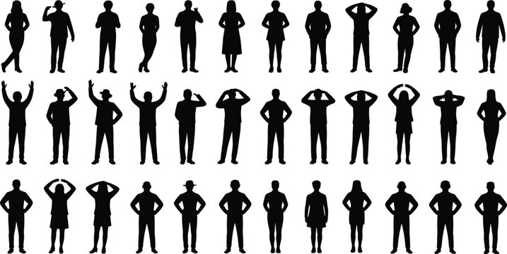 Collection of diverse human silhouettes showing different standing poses, gestures and body language isolated on white background for design use