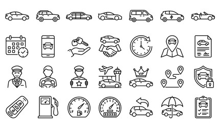 Collection of car related icons representing transportation services, car rental, driving, and automotive industry concepts © Iconique Studio