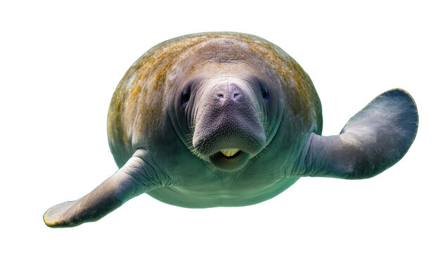 Gentle and curious manatee swimming gracefully underwater with powerful flippers