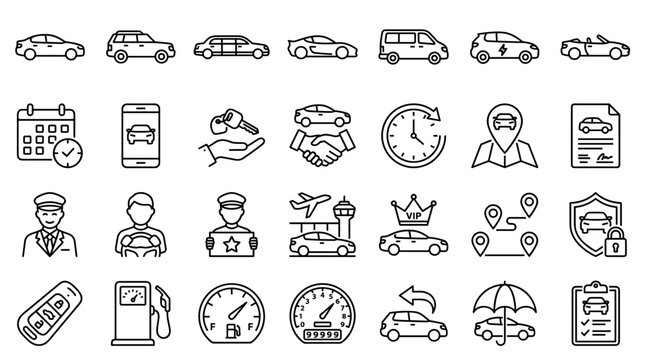 Collection of car related icons representing transportation services, car rental, driving, and automotive industry concepts