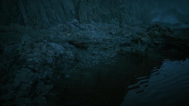 dark tidal pool reflecting cliff face at night, nocturnal scout examines still water and wet rocks, indigo cinematic tones, quiet reflective mood with glossy