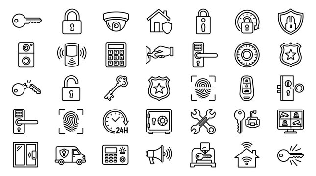 Collection of security and safety icons representing access control, surveillance, and protection systems for homes and businesses