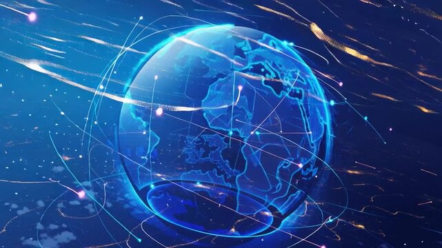 Digital representation of the Earth with connection lines illustrating global networks and data flow at night