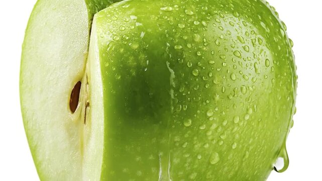 Fresh green apple with a slice removed and water droplets on skin, isolated on white background, healthy organic fruit concept.