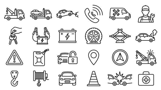 Car repair and roadside assistance icons set for emergency vehicle service and breakdown support