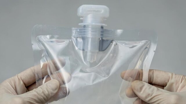 Medium shot focusing on oneway valve placement into a pouch demonstrating secure fitment to prevent backflow in liquid containers.