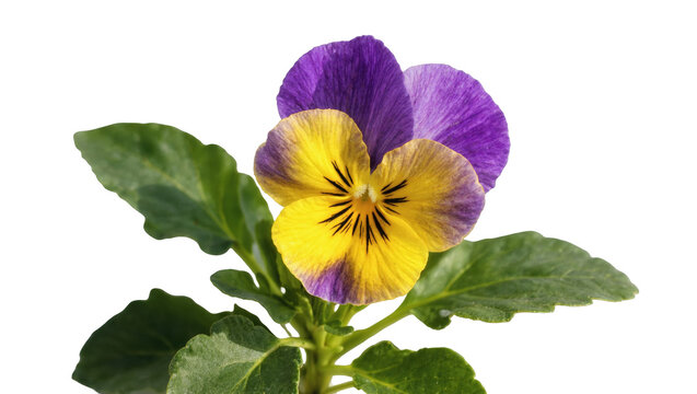 Beautiful vibrant purple and yellow pansy flower with lush green leaves, elegant studio shot