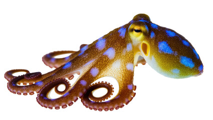 Vibrant blue-ringed octopus showing its striking iridescent markings and curled tentacles © Miguel