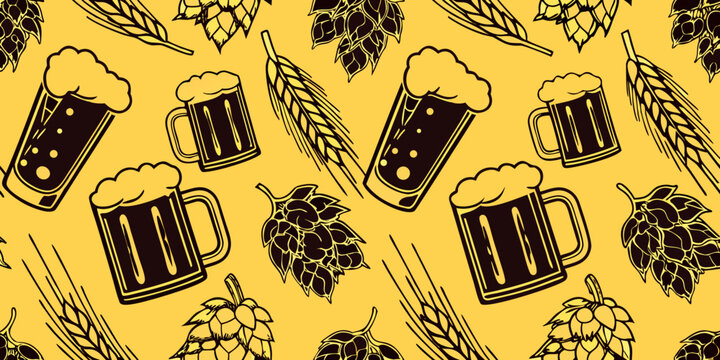 Seamless pattern featuring beer mugs barley and hop cones on yellow