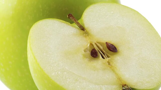 Fresh whole green apple and a half-cut slice showing seeds, isolated on white background, healthy organic fruit concept