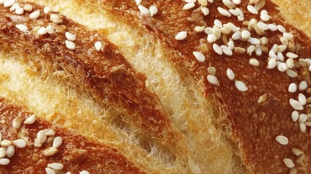Freshly baked crusty bread loaf with sesame seeds isolated on white background, artisanal bakery product.