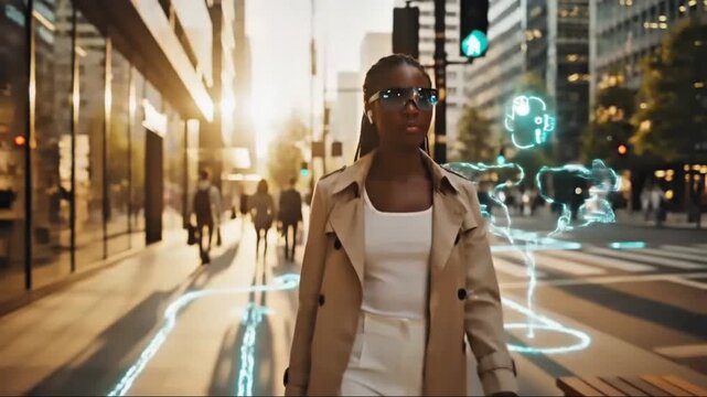 Visually Impaired Woman Using AI Smart Glasses for Navigation in City, Accessibility Technology, 4K