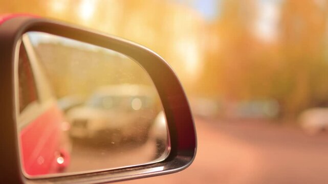 The sun is reflected in the mirror, evening road. View in the side rear view mirror of a red car driving along the highway
