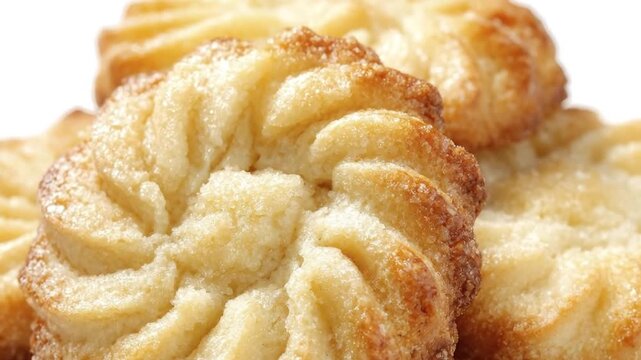 Golden brown butter cookies in flower shape isolated on white background, delicious sweet shortbread biscuits.