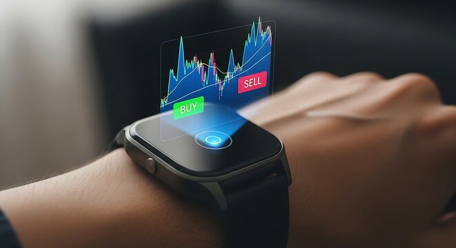 Smartwatch displays stock market trading chart with buy and sell options for financial investment and trading analysis on wrist