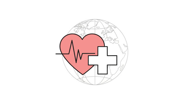 A graphic illustration of a red heart with an ECG line and a white medical cross superimposed on a grey globe, symbolizing global health awareness on World Health Day