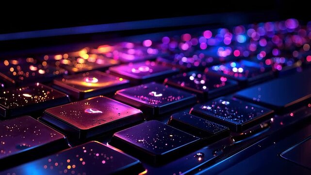 Tech Keyboard Brilliance: The keys of a modern laptop, illuminated with vibrant colors, suggest a world of connection and innovation, ideal for tech themes.