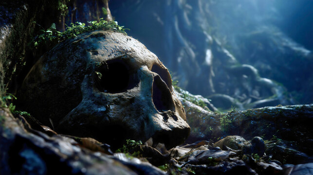Ancient weathered human skull lying among tree roots in a misty spooky woodland, eerie moonlight atmosphere.