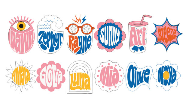 Retro Groovy Name Tag Stickers &ndash; Y2K Colorful Vector Labels with Hippie Flowers and Bubble Typography