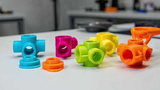 Medium shot featuring vibrant colored prototype fittings created by additive manufacturing highlighting innovative design concepts and rapid iteration capabilities in product