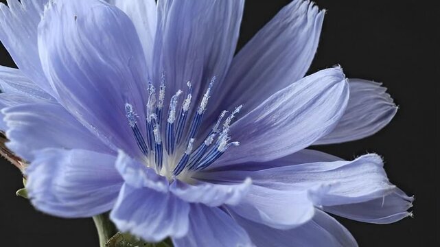 Macro close-up of a blue chicory flower in bloom against a solid black background, detailed floral nature shot.