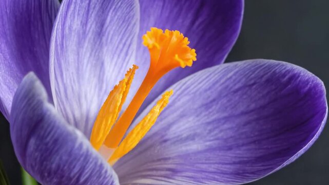 Macro shot of a purple crocus flower with vibrant orange stamens against a dark background, spring botanical beauty.