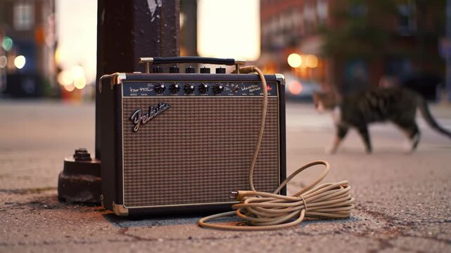 Guitar amplifier with cable on street under lamppost at dusk with blurred background and walking cat. Music, guitar, amplifier, instrument.
