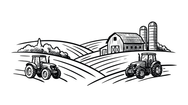 Detailed monochrome farm landscape illustration with tractors, a barn, and silos on rolling fields, depicting agricultural life