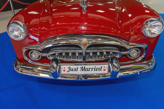 Front View of Classic American Luxury Car Packard With Just Married Licence Plate
