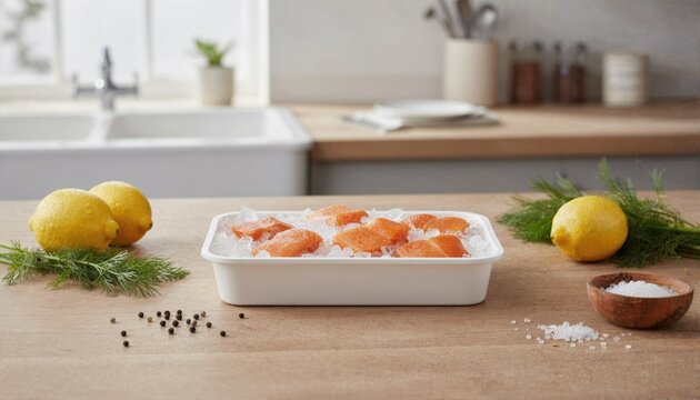 Smoked haddock packaging on rustic table with herbs