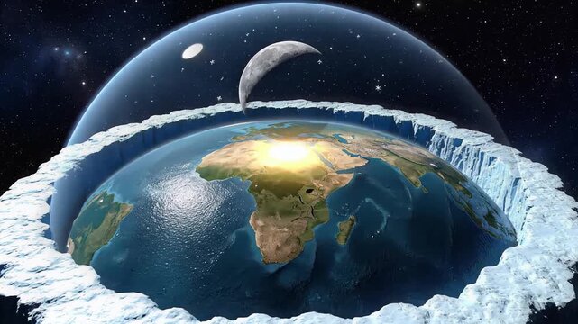 Flat Earth Model with Ice Wall and Celestial Dome