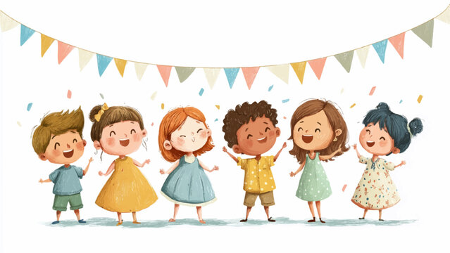 Set of 6 cartoon children celebrating with colorful bunting vector