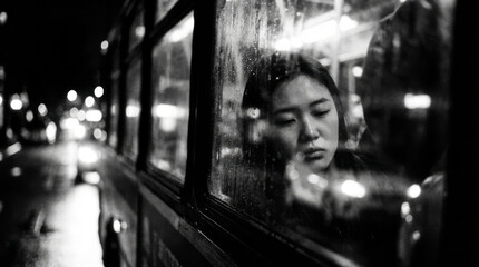 Naklejka premium Melancholic black and white portrait of a young Asian woman looking out a bus window at night.
