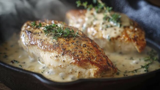 Pan-seared chicken breasts cooked in a creamy garlic herb sauce and garnished with fresh thyme, gourmet home-cooked meal in a cast iron skillet.