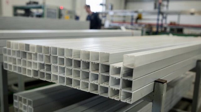 Medium shot of hollow extruded plastic profiles stacked in a factory highlighting the lightweight design used in outdoor fencing and railing applications.